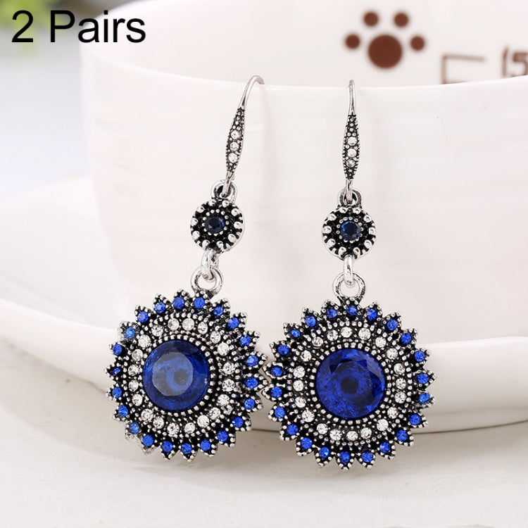 2 Pairs Ethnic Sun Flower Style Rhinestone Earrings Long Earbobs