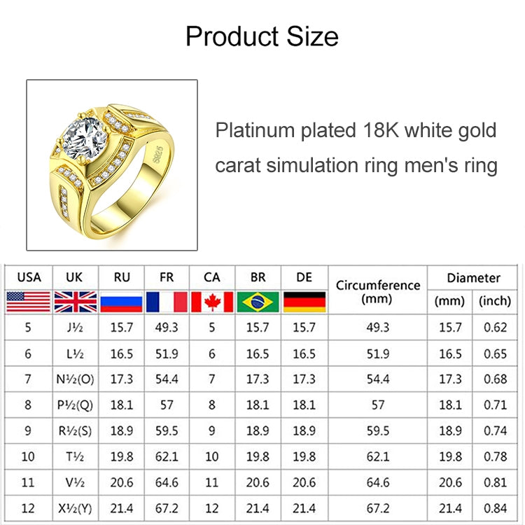 Fashion Businessman 18K White Gold Plated + AAA Zircon Men Diamond Ring, Size: 7, Diameter: 17.3mm, Perimeter: 54.5mm