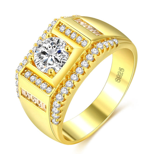 Fashion New Style Gold Plated + AAA Zircon Inlaid Rhinestone Men Diamond Ring, Size: 7, Diameter: 17.3mm, Perimeter: 54.4mm