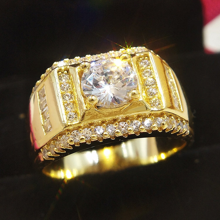 Fashion New Style Gold Plated + AAA Zircon Inlaid Rhinestone Men Diamond Ring, Size: 7, Diameter: 17.3mm, Perimeter: 54.4mm