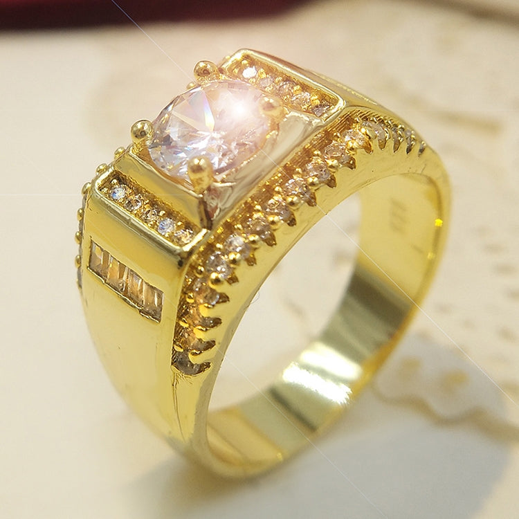 Fashion New Style Gold Plated + AAA Zircon Inlaid Rhinestone Men Diamond Ring, Size: 9, Diameter: 18.9mm, Perimeter: 59.5mm
