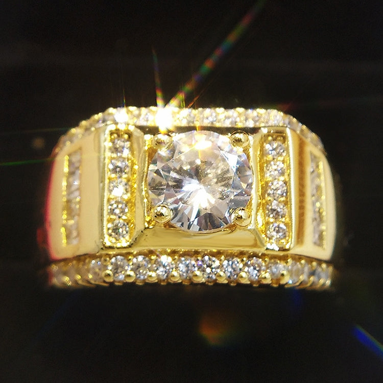 Fashion New Style Gold Plated + AAA Zircon Inlaid Rhinestone Men Diamond Ring, Size: 10, Diameter: 19.8mm, Perimeter: 62.1mm