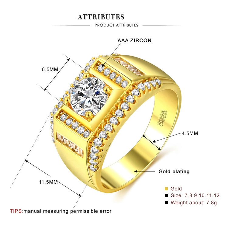 Fashion New Style Gold Plated + AAA Zircon Inlaid Rhinestone Men Diamond Ring, Size: 11, Diameter: 20.6mm, Perimeter: 64.6mm
