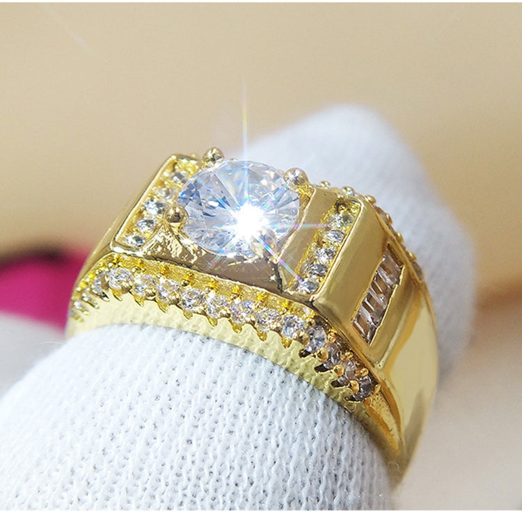 Fashion New Style Gold Plated + AAA Zircon Inlaid Rhinestone Men Diamond Ring, Size: 12, Diameter: 21.4mm, Perimeter: 67.2mm