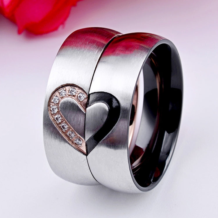 Fashion Rhinestone Love Heart Splice Couples Ring Fine Titanium Steel Ring for Men and Women(Gold with Diamond, US Size: 9)