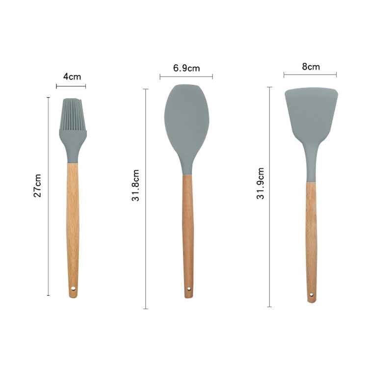 13 in 1 Silicone Wood Handle Heat-resistant Cooking Cutlery Sets Kitchen Tools with Small Container