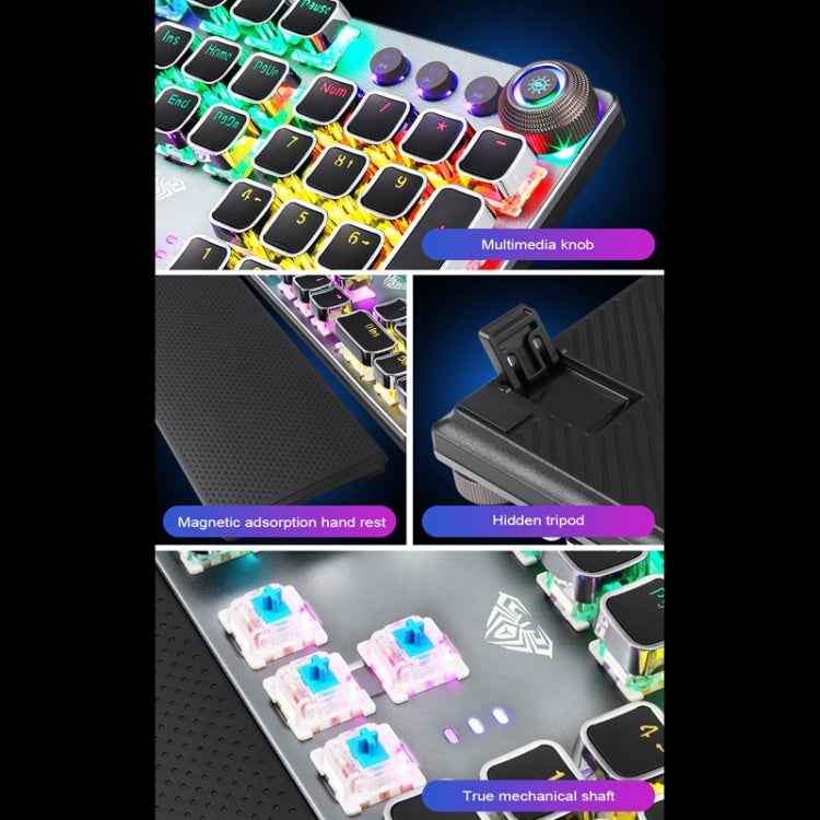 AULA F2088 108 Keys Mixed Light Plating Punk Mechanical Blue Switch Wired USB Gaming Keyboard with Metal Button