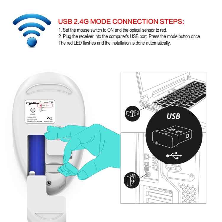HXSJ T36 2.4G Bluetooth 5.0+3.0 Three-mode Silent Design Wireless Bluetooth Mouse