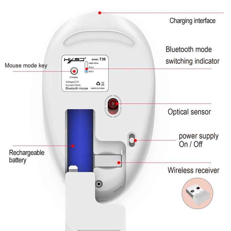 HXSJ T36 2.4G Bluetooth 5.0+3.0 Three-mode Silent Design Wireless Bluetooth Mouse