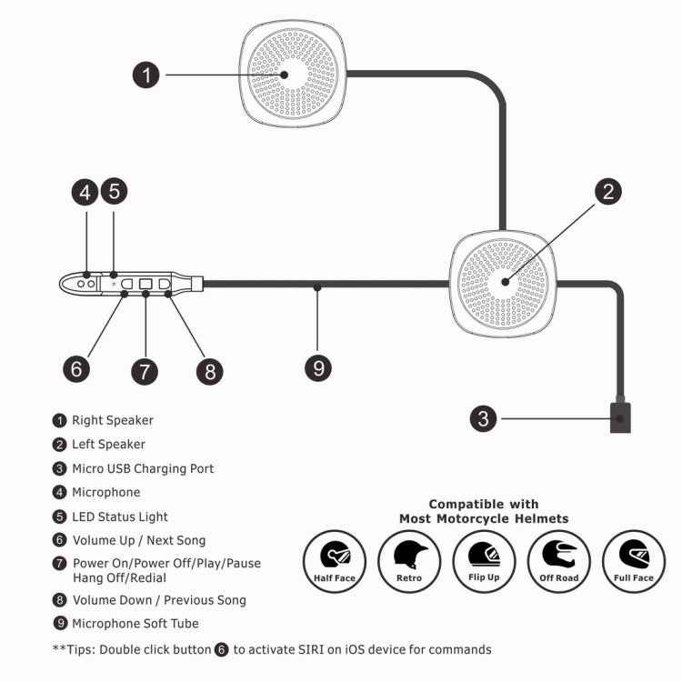 T2 Bluetooth V5.0 Helmet Headset 5V for Motorcycle Driving with Anti-interference Microphone