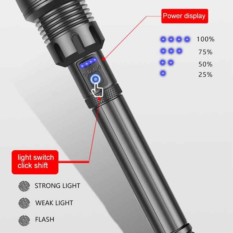 Long Style Micro USB Charging Outdoor Waterproof P90 + COB LED Flashlight, Support Power Display & Telescopic Focusing & 7-level Brightness Adjustment