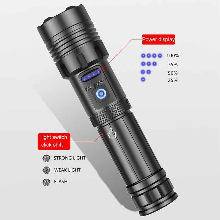 Short Style Micro USB Charging Outdoor Waterproof P70 + COB LED Flashlight, Support Power Display & Telescopic Focusing & 7-level Brightness Adjustment