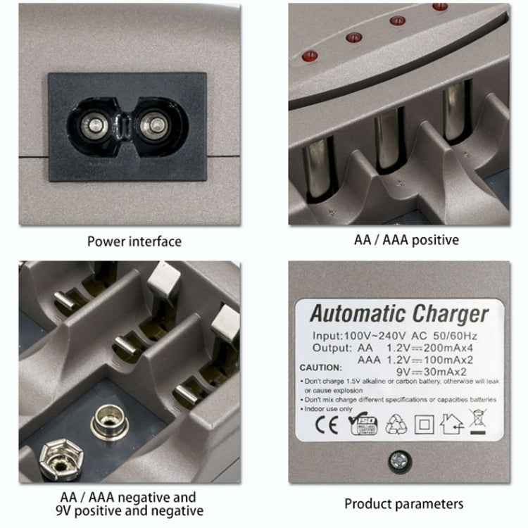 AC 100-240V 4 Slot Battery Charger for AA & AAA & 9V Ni-MH Battery, EU Plug