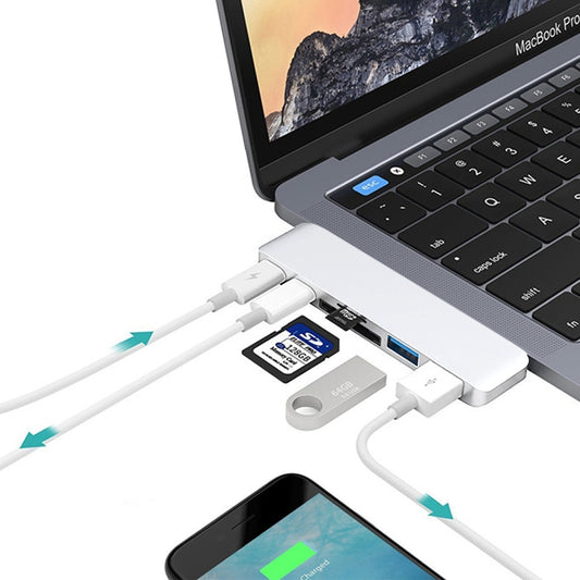 6 in 1 Multi-function Aluminium Alloy 5Gbps Transfer Rate Dual USB-C / Type-C HUB Adapter with 2 USB 3.0 Ports & 2 USB-C / Type-C Ports & SD Card Slot & TF Card Slot for Macbook 2015 / 2016 / 2017, 6 in 1 Silver, 6 in 1 Grey, 6 in 1 Gold