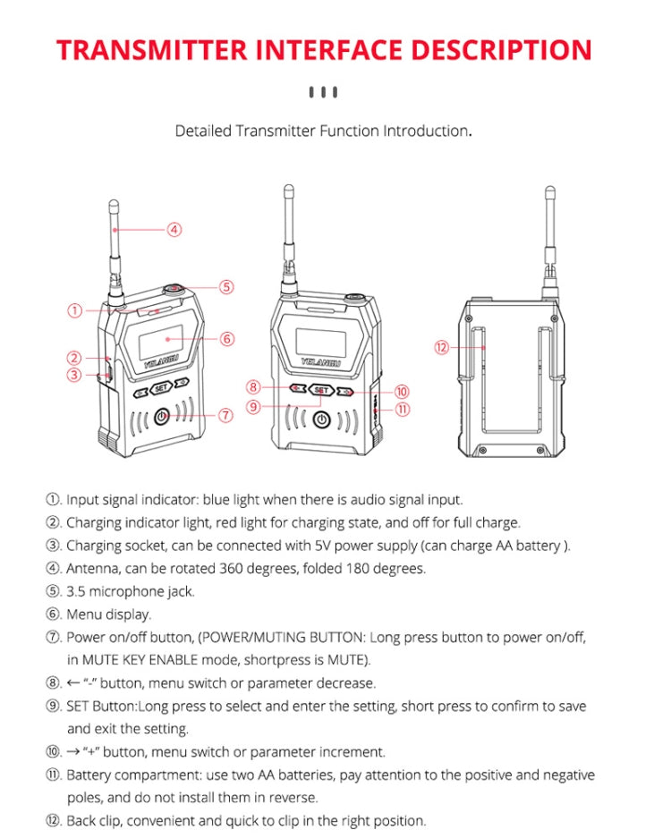 YELANGU YLG9929B MX4 Dual-Channel 100CH UHF Wireless Microphone System with 2 Transmitters and Receiver for DSLR Cameras and Video Cameras
