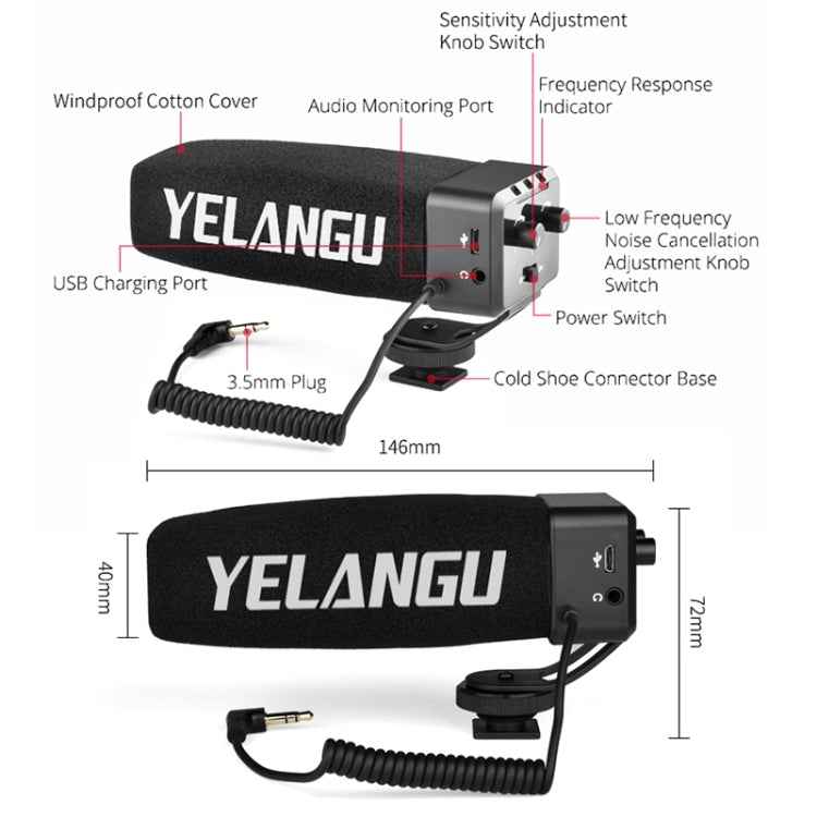 YELANG MIC09 Shotgun Gain Condenser Broadcast Microphone with Windshield for Canon / Nikon / Sony DSLR Cameras, Smartphones