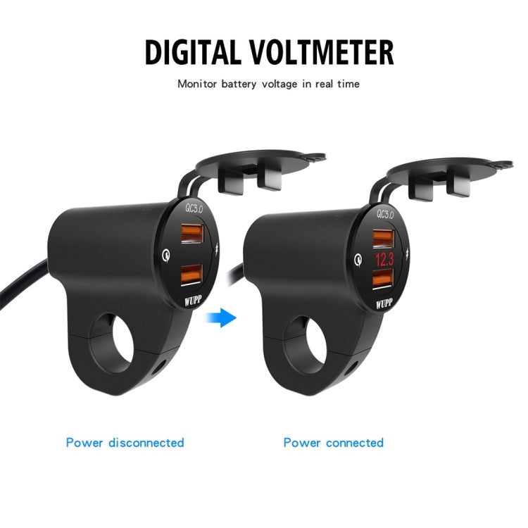 WUPP ZH-975A3 Motorcycle Aluminum Alloy Waterproof Mobile Phone Double QC3.0 Quick Charging Charger with Voltmeter