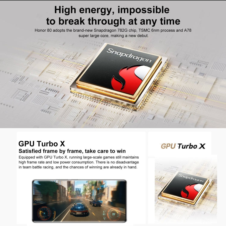 Triple Back Cameras, Screen Fingerprint Identification, 6.67 inch Magic UI 7.0 Qualcomm Snapdragon 782G Octa Core up to  2.7GHz, Network: 5G, OTG, NFC, Not Support Google Play, Honor 80 5G, 8GB+256GB