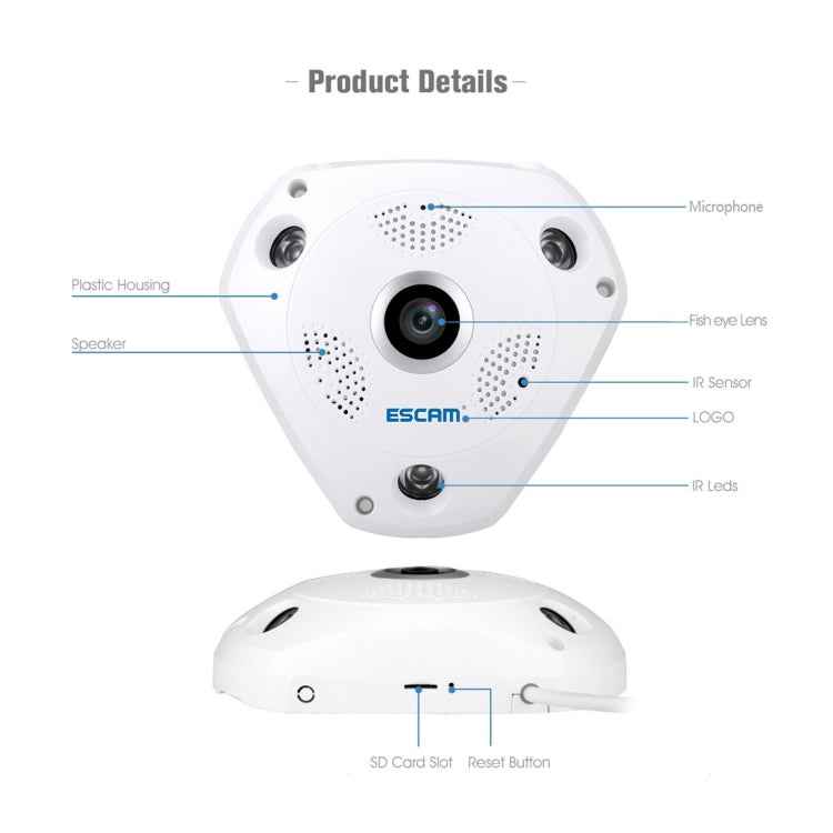 ESCAM Shark QP180 960P 360 Degrees Fisheye Lens 1.3MP WiFi IP Camera, Support Motion Detection / Night Vision, IR Distance: 10m