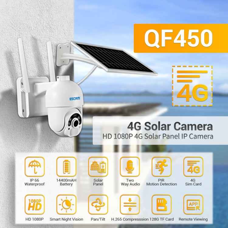 ESCAM QF450 HD 1080P 4G US Version Solar Powered IP Camera with 64G Memory, Support Two-way Audio & PIR Motion Detection & Night Vision & TF Card