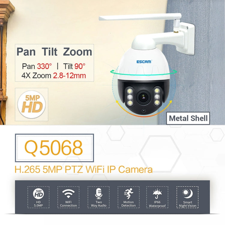 ESCAM Q5068 H.265 5MP Pan / Tilt / 4X Zoom WiFi Waterproof IP Camera, Support ONVIF Two Way Talk & Night Vision, AU Plug, US Plug, EU Plug, AU Plug, UK Plug
