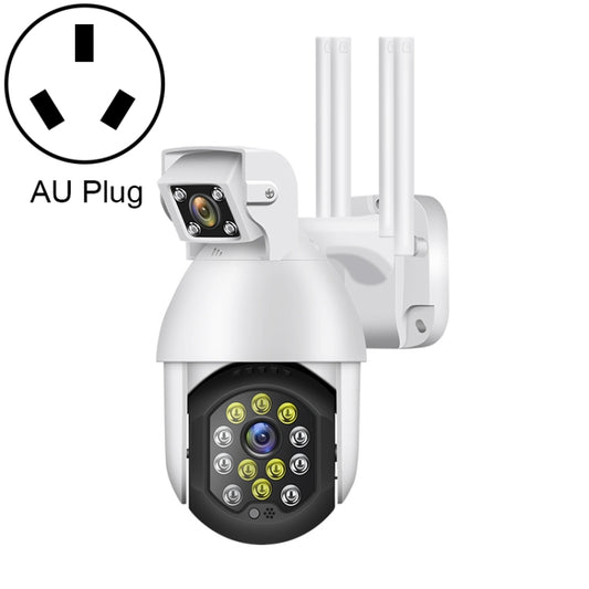 Cámara panorámica PTZ WIFI QX41 1080P 2.0MP con lente dual, resistente al agua IP66, compatible con día y noche, a todo color, intercomunicador de voz bidireccional, alarma inteligente, reproducción de video y tarjeta TF de 128 GB. Enchufe australiano.