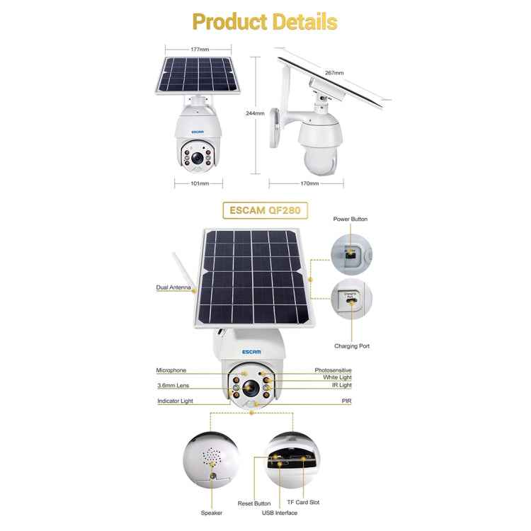 ESCAM QF280 HD 1080P IP66 Waterproof WiFi Solar Panel PT IP Camera without Battery, Support Night Vision / Motion Detection / TF Card / Two Way Audio