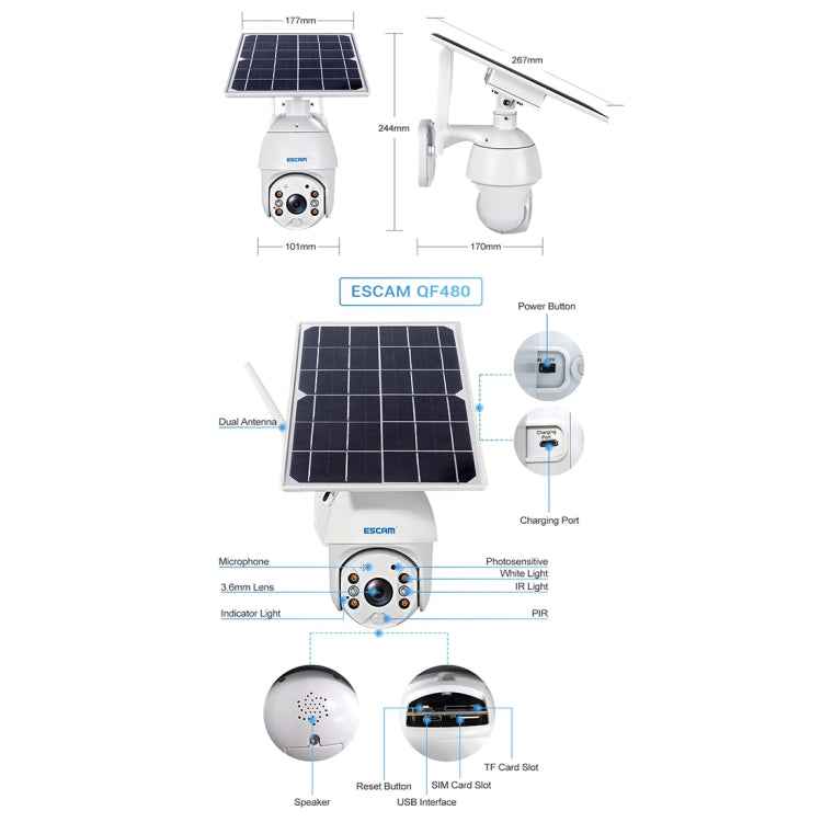 ESCAM QF480 US Version HD 1080P IP66 Waterproof 4G Solar Panel PT IP Camera with Battery, Support Night Vision / Motion Detection / TF Card / Two Way Audio