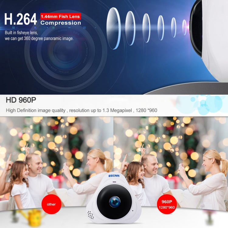 ESCAM Q8 960P 360 Degrees Fisheye Lens 1.3MP WiFi IP Camera, Support Motion Detection / Night Vision, IR Distance: 5-10m, AU Plug, Q8  AU Plug, Q8 EU Plug, Q8 UK Plug, Q8 US Plug