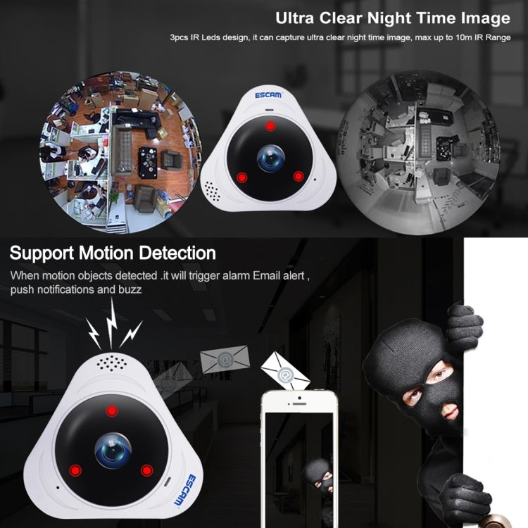 ESCAM Q8 960P 360 Degrees Fisheye Lens 1.3MP WiFi IP Camera, Support Motion Detection / Night Vision, IR Distance: 5-10m, AU Plug, Q8  AU Plug, Q8 EU Plug, Q8 UK Plug, Q8 US Plug