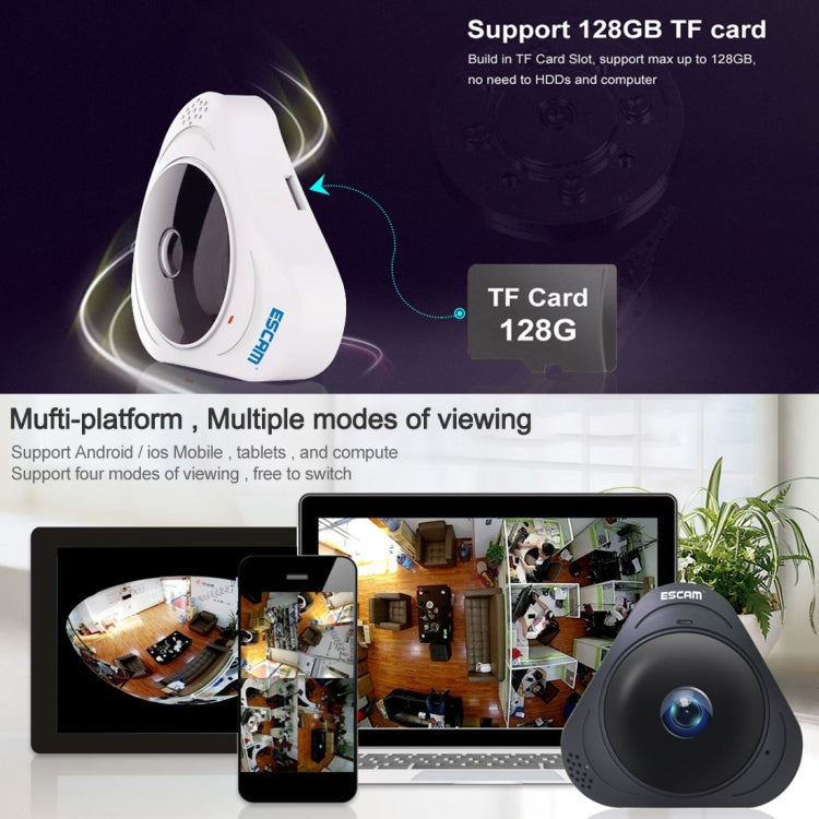 ESCAM Q8 960P 360 Degrees Fisheye Lens 1.3MP WiFi IP Camera, Support Motion Detection / Night Vision, IR Distance: 5-10m, AU Plug, Q8  AU Plug, Q8 EU Plug, Q8 UK Plug, Q8 US Plug