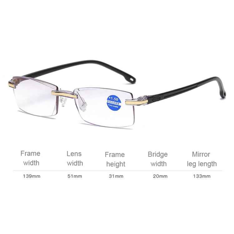 Rimless Anti Blue-ray Blue Film Lenses Presbyopic Glasses, +2.50D