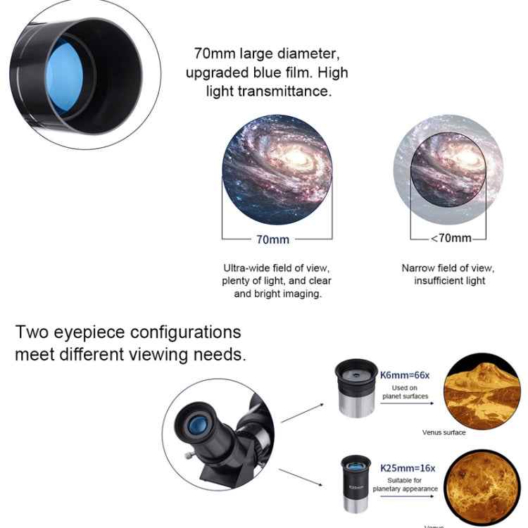 WR852-3 16x/66x70 High Definition High Times Astronomical Telescope with Tripod & Phone Fixing Clip & Moon Filter