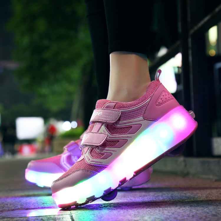 WS01 LED Light Ultra Light Mesh Surface Rechargeable Double Wheel Roller Skating Shoes Sport Shoes, Size : 28