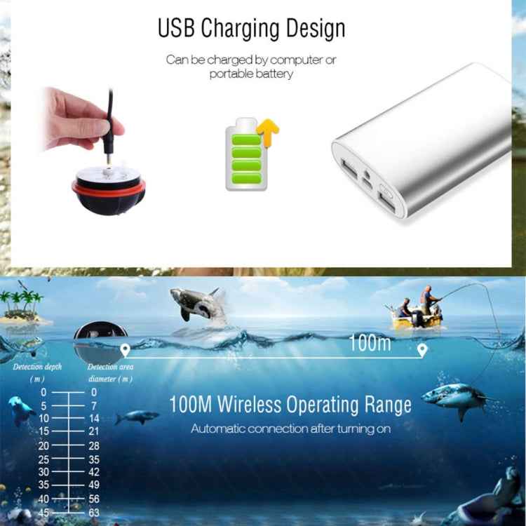 XJ-01 Wireless Fish Detector 125KHz Sonar Sensor 0.6-36m Depth Locator Fishes Finder with 2.4 inch LCD Screen & Antenna, Built-in Water Temperature Sensor