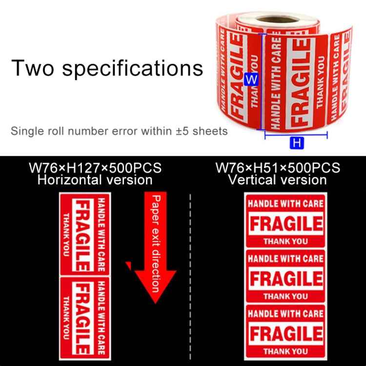 500 PCS Self-adhesive Outer Box English Warning Sticker Fragile Label, Size: 76x127mm