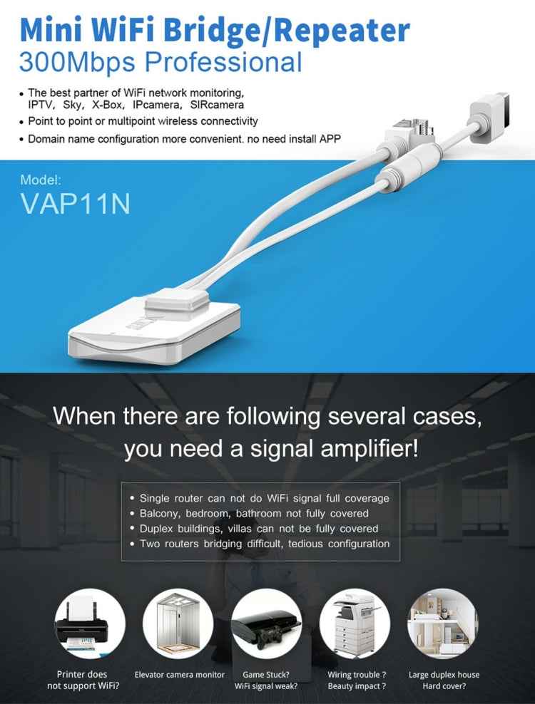 VONETS VAP11N Mini WiFi 300Mbps Repeater WiFi Bridge, Best Partner of IP Device / IP Camera / IP Printer / XBOX / PS3 / IPTV / Skybox