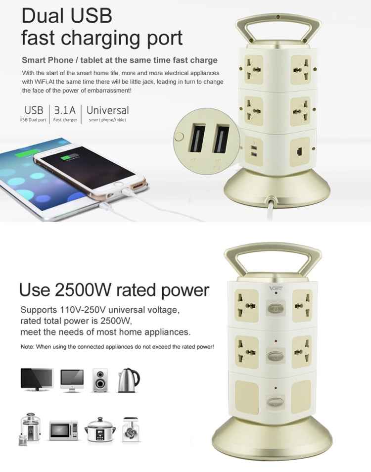 VONETS WiFi-SB-L3 3 Layers with 8 Outlets + 2 USB Ports + RJ45 Port 300Mbps WiFi Repeater Smart Power Sockets, EU Plug, Cable Length: 2m