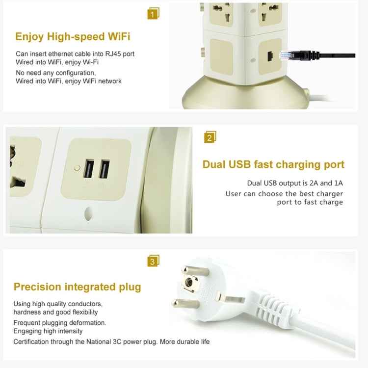 VONETS WiFi-SB-L3 3 Layers with 8 Outlets + 2 USB Ports + RJ45 Port 300Mbps WiFi Repeater Smart Power Sockets, EU Plug, Cable Length: 2m