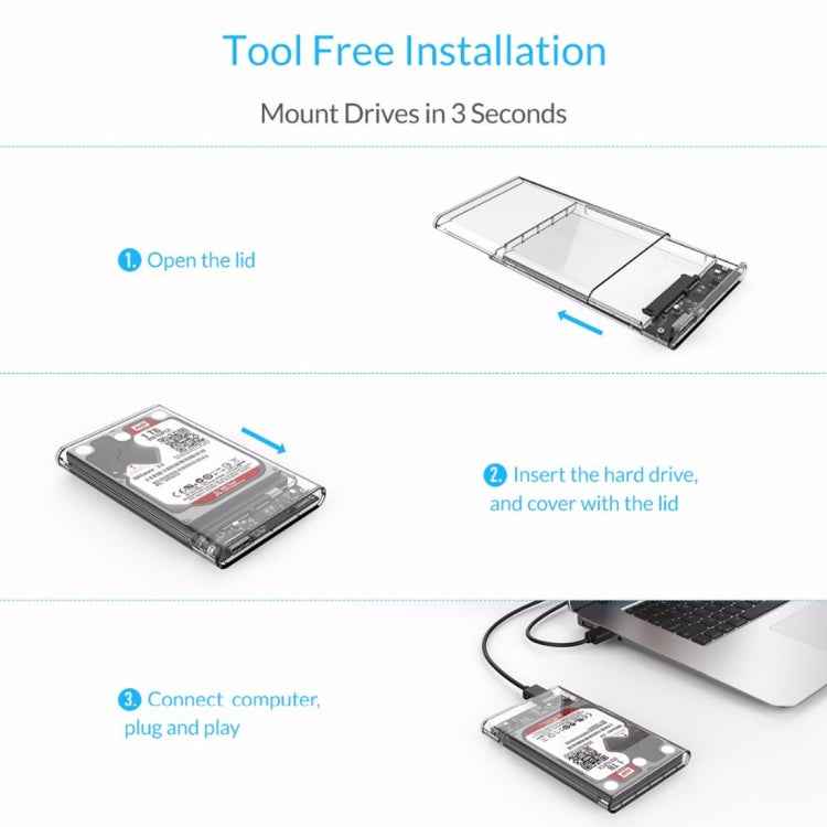 ORICO 2139U3-CR USB3.0 Transparent External Hard Disk Box Storage Case for 9.5mm 2.5 inch SATA HDD / SSD