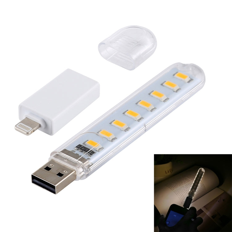8LEDs 5V 200LM USB LED Book Light Portable Night Light, with 8 Pin Adapter