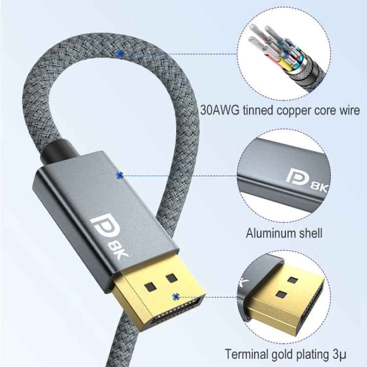 Mini&#160;DP Male to 8K DisplayPort 1.4 Male HD Braided Adapter Cable, Cable Length: 2m