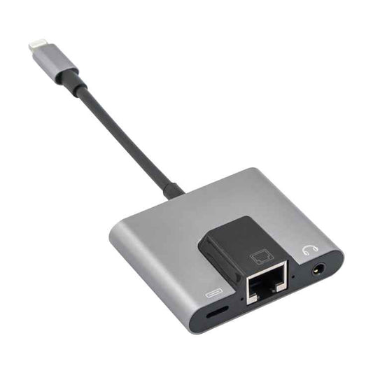 NK-1056 3 in 1 8 Pin Male to 8 Pin Charging + RJ45 Ethernet + 3.5mm Earphone Female Adapter