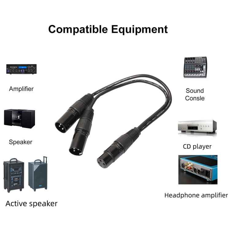 30cm 3 Pin XLR CANNON 1 Female to 2 Male Audio Connector Adapter Cable for Microphone / Audio Equipment, 1 Female to 2 Male Black