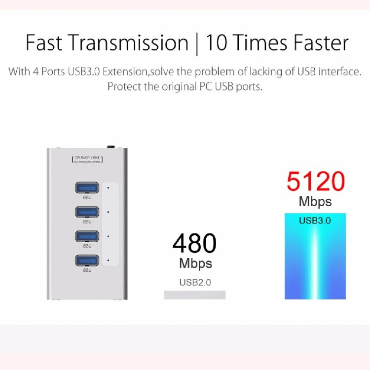 ORICO A3H4 Aluminum High Speed 4 Ports USB 3.0 HUB with 12V/2.5A Power Supply for Laptops