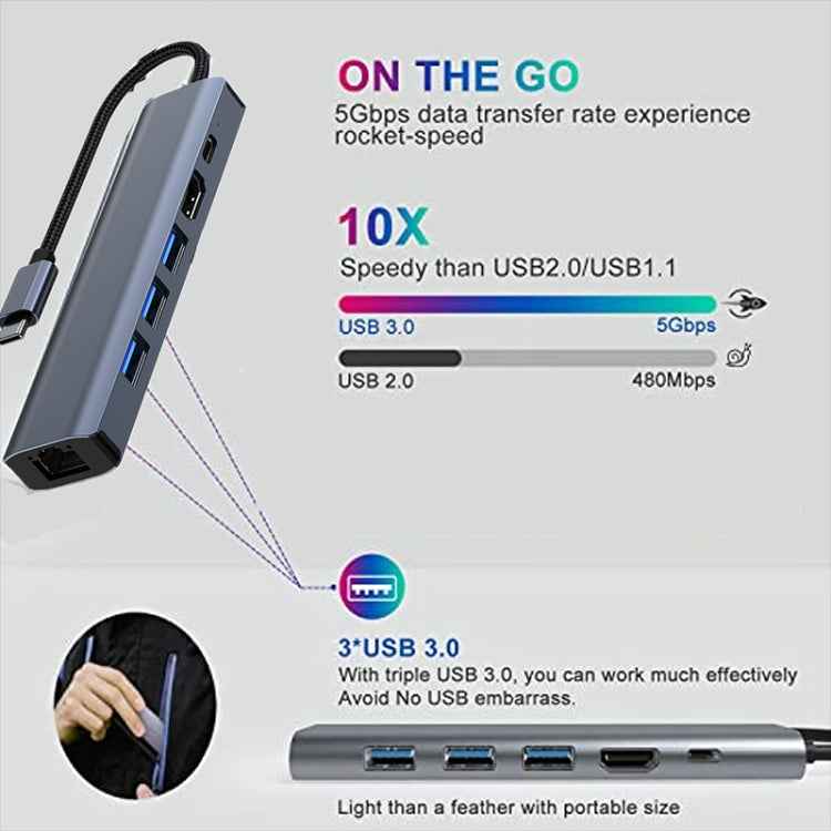 BYL-2210 6 in 1 USB-C / Type-C to USB Multifunctional Docking Station HUB Adapter with 1000M Network Port