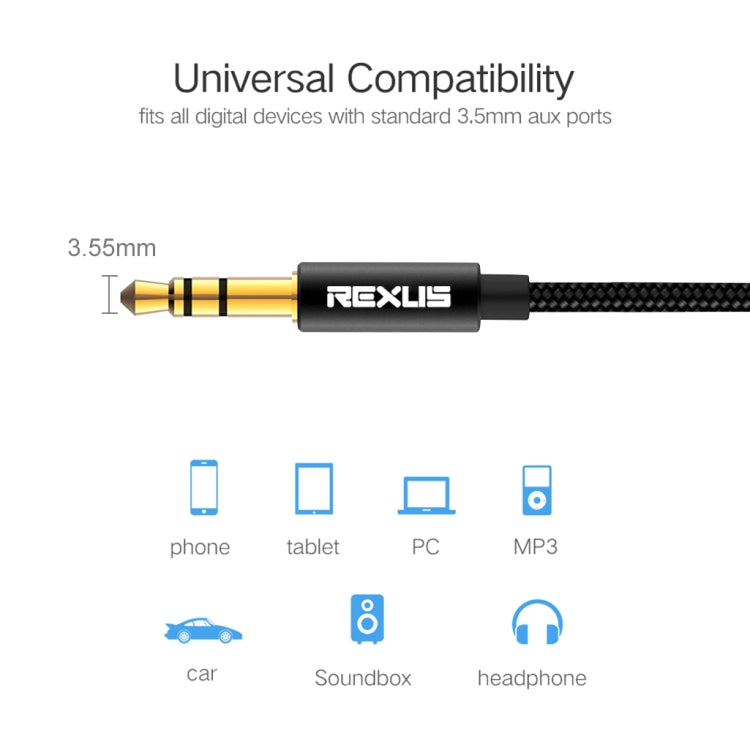 REXLIS 3629 3.5mm Male to Male Car Stereo Gold-plated Jack AUX Audio Cable for 3.5mm AUX Standard Digital Devices, Length: 1.8m