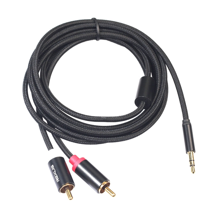 REXLIS 3635 3.5mm Male to Dual RCA Gold-plated Plug Black Cotton Braided Audio Cable for RCA Input Interface Active Speaker, Length: 5m