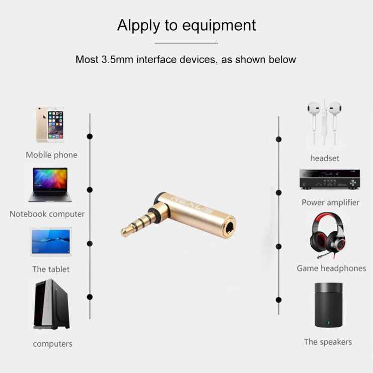 REXLIS BK3567 3.5mm Male + 3.5mm Female L-shaped 90 Degree Elbow Gold-plated Plug Gold Audio Interface Extension Adapter for 3.5mm Interface Devices, Support Earphones with Microphone