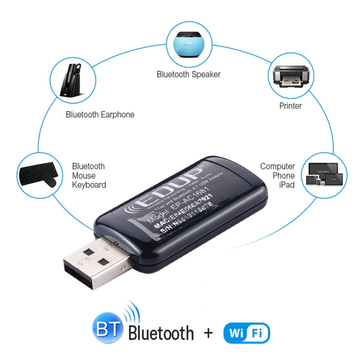 EDUP EP-AC1681 2 in 1 AC1200Mbps 2.4GHz & 5.8GHz Dual Band USB WiFi Adapter External Network Card with Bluetooth 4.1 Function